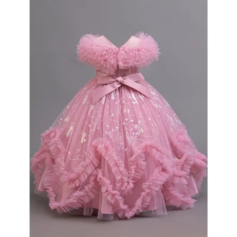 Girls' Princess Dress with Butterfly Golden Floral Lace Pleated Cloud Shoulders, High-End Elegant Gown for Piano Performances...