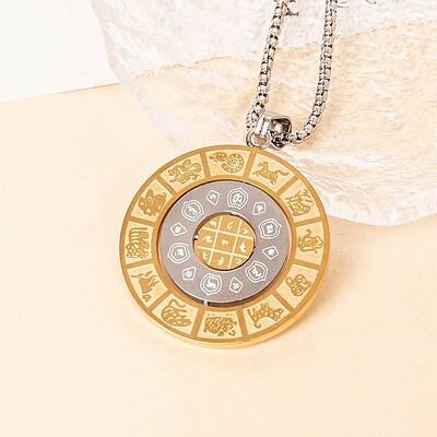 Stainless Steel Flat Round 12 Chinese Zodiac Pendant Box Chain Necklaces for Women Men