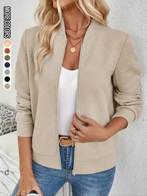 Women's Solid Textured Zip Up Jacket, Casual Long Sleeve Mock Neck Outerwear for Spring & Fall, Ladies Clothes for Daily Wear