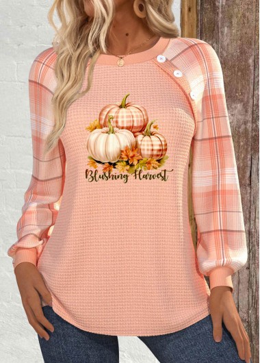 Modlily Halloween Dusty Pink Button Long Sleeve Round Neck Sweatshirt - L