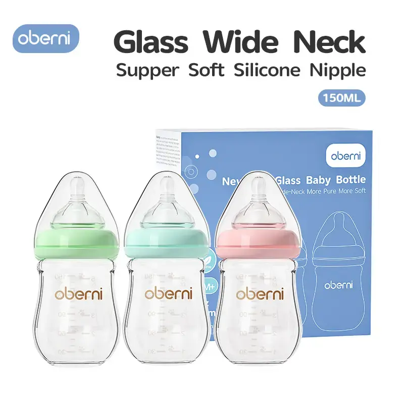 Oberni Breastfeeding Bottle 150ml/5oz Wide Neck Glass Anti Colic with Natural Response Nipple BPA Free for Newborn Preemie 0+...