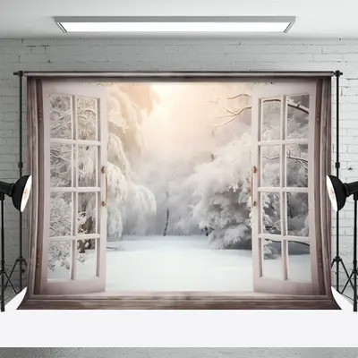 White Window Snowy Forest Winter Backdrop For Photo - Aperturee