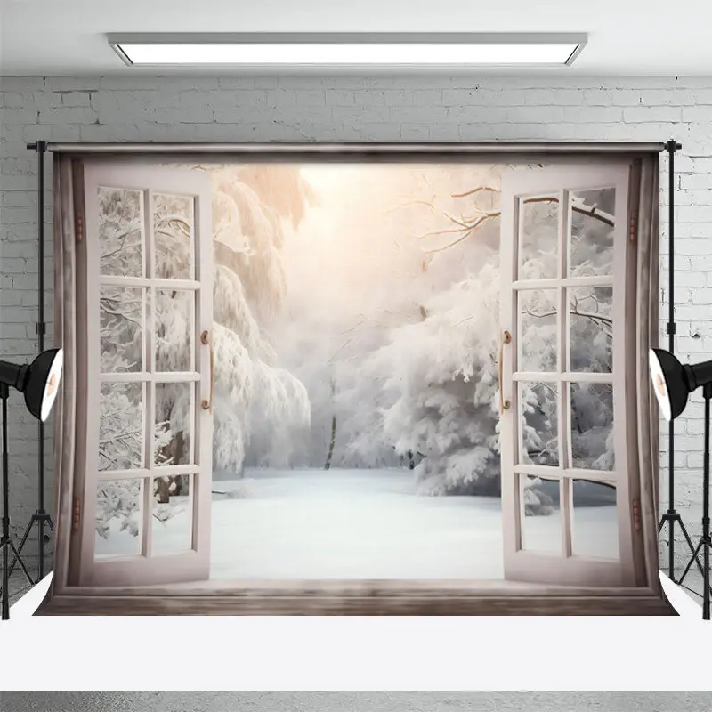White Window Snowy Forest Winter Backdrop For Photo - Aperturee