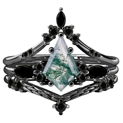 10K Gold Black Color Moss Agate Stackable Ring