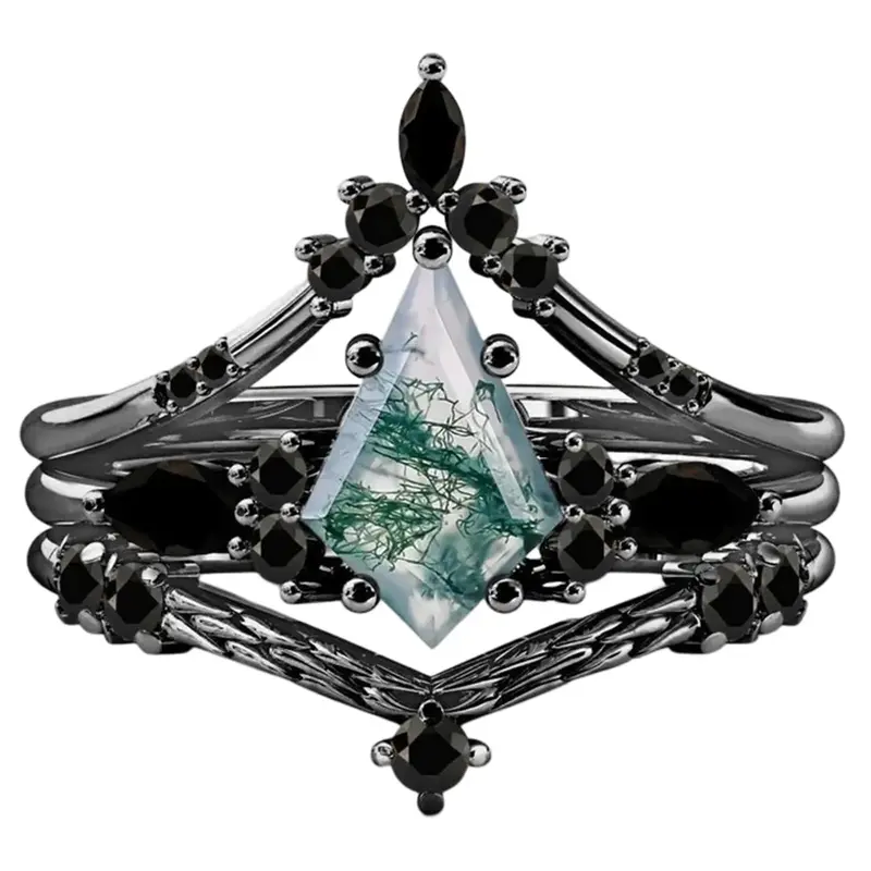 10K Gold Black Color Moss Agate Stackable Ring