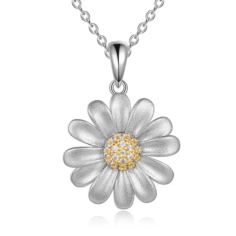 Sterling Silver Two-tone Cubic Zirconia Daisy Pendant Necklace