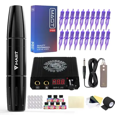 Mast Magi Tattoo Pen Machine Rotary Kit Cartridges Needles Power Box Color Inks