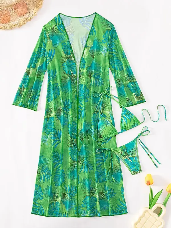 3 Pieces Women's Leaf Print Halter Tie Back Triangle Bikini Top & Tie Side Bikini Bottom & Open Front Long Sleeve Cover Up Sw...