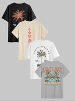 Men's Letter & Tropical Island Palm Tree Print Short Sleeve Loungewear Tee, Men's Clothing, Casual Cozy Comfy Round Neck T-s...