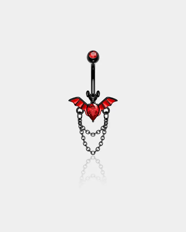 Red CZ Black Bat Chain Belly Ring