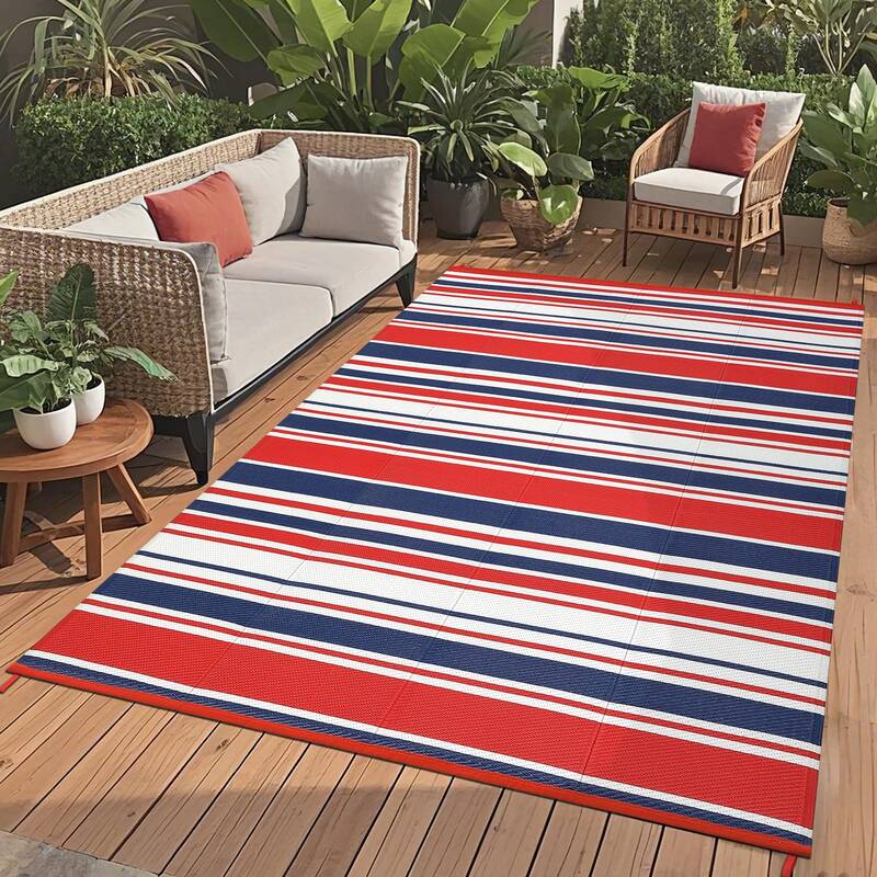 Garvee Outdoor Multicolor 8x10 Waterproof Rug Polypropylene UV-Resistant Reversible Striped Design Lightweight Foldable with ...