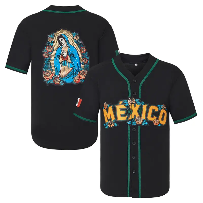 【TikTokShopfalldealsforyou】Mexico Guadalupe Embroidered Baseball Jersey,Men's Gift,Button Short Sleeve Sports Jersey,Loos...