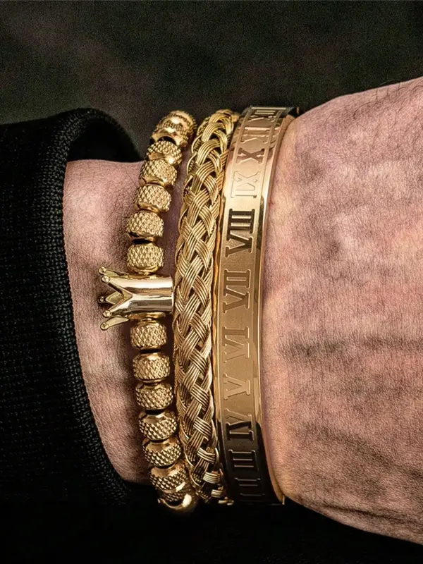 Men's Punk Style Bangle Bracelet & Beaded Bracelet & Drawstring Bracelet, 3pcs/set Street Trendy Matching Bracelets for Men, ...