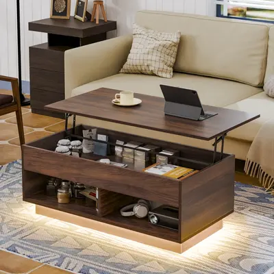 Lift Top Coffee Table with Hidden Compartment High Gloss Black Coffee Tables LED Center Rising Cocktail Table for Living Room...
