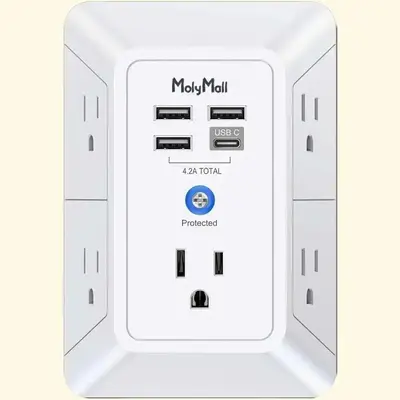 5-Outlet Surge Protector Wall Charger with 4 USB Ports - 1680J Multi for Home, Office, Travel plugs electrical extender