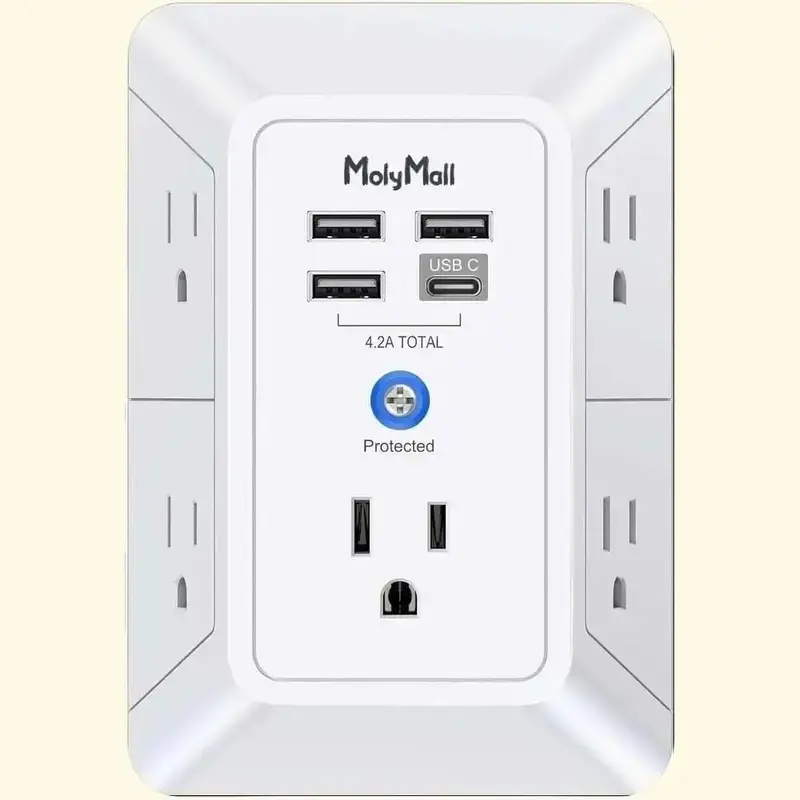 5-Outlet Surge Protector Wall Charger with 4 USB Ports - 1680J Multi  for Home, Office, Travel plugs electrical extender
