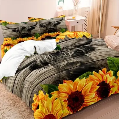 Sunflower Pattern Duvet Cover Set Without Filler, Including 1count Duvet Cover & 2counts Pillowcase, Home Bedding Set For Bed...
