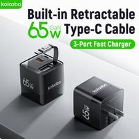 Koloobo 65W 3-in-1 GaN USB-C Charger Block with Retractable Type C Cable and Dual Port Travel Charger,Travel Portable Fast Ch...