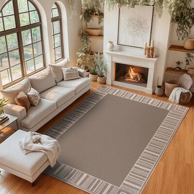 Garvee Taupe Striped Edge Area Rug 9x12ft – Washable, Non-Slip, Mark Resistant, Low Pile Rug for Living Room, Bedroom, Dini...