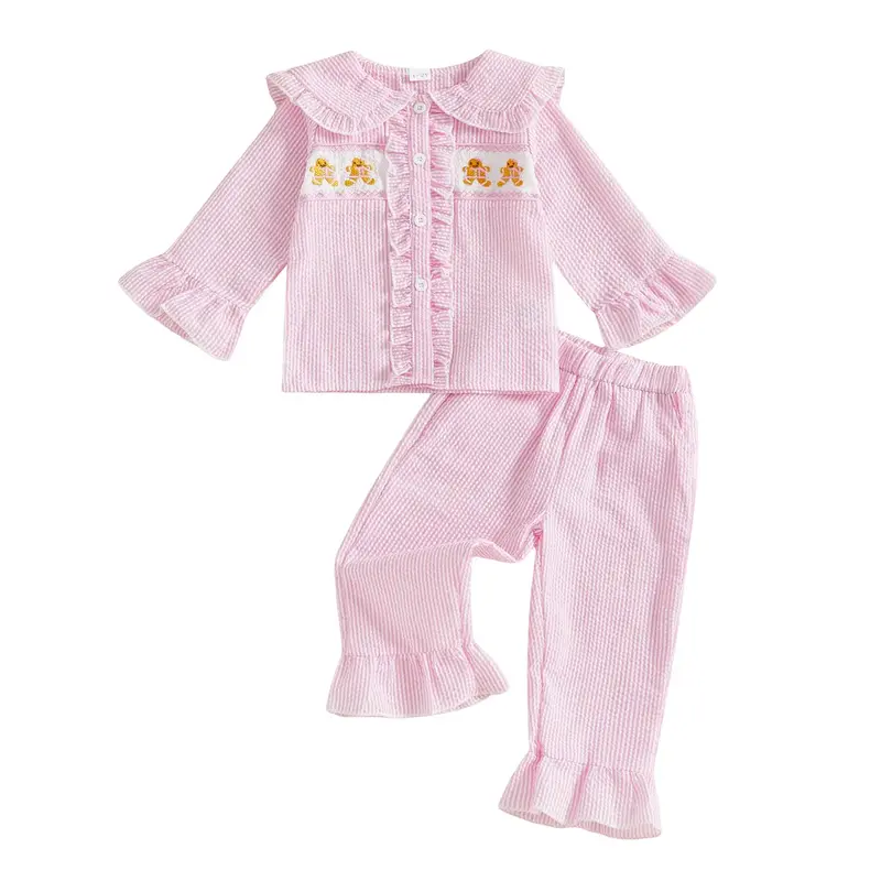 Kids Toddler Girl Christmas Two Piece Pajamas Set Ruffled Collar Gingerbread Stripes Long Sleeve Shirt Tops and Pants Sleepwe...