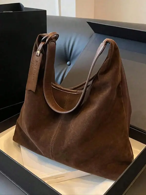 Women's Solid Color Draped Label Charm Tote Bag, Fashionable Large Capacity Shoulder Bag for Daily Used, Casual Trendy Versat...