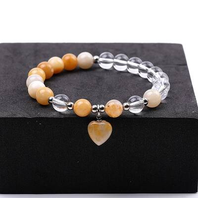 Round Natural Yellow Jade & Quartz Crystal Beaded Stretch Bracelets