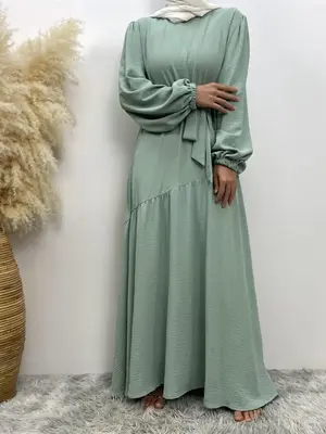 Arabic Clothing-Solid Ruffle Hem Long Sleeve Arabian Dress with Waist Belt, Modest Zipper Back Lantern Sleeve Round Neck Long...