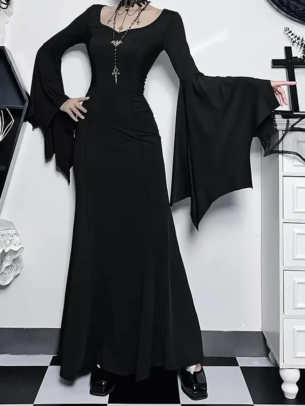 Gothic Black Maxi Dress for Women | Witchcore Halloween Costume Long Sleeve Flared Dress | Spooky Vampire Witch Outfit | Eleg...