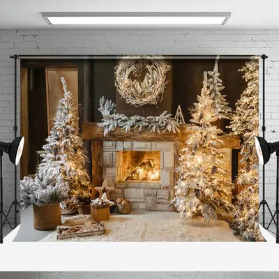 Aperturee Indoor Snowy Trees Warm Fireplace Christmas Backdrop - Aperturee