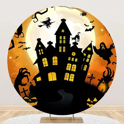Round Ghost Castle Moon Night Halloween Backdrop