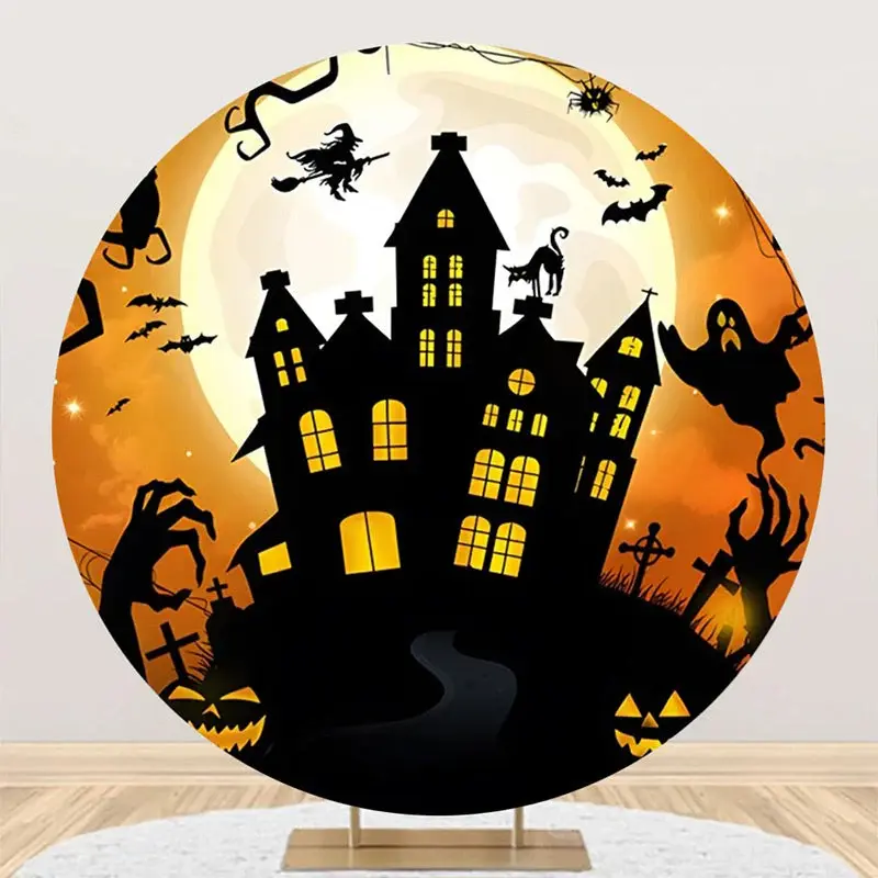 Round Ghost Castle Moon Night Halloween Backdrop