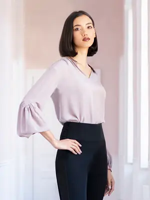ZINNIA | Cavalier-Sleeves Silk Blouse | Colour: TARO | Size: UK 16 (US 10)