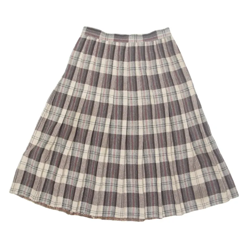 Womens Pleated Skirt Brown Midi Wool Check XS