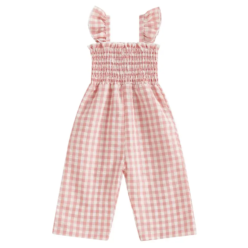 Canrulo Fashion Summer Toddler Kids Baby Girls Rompers Plaids Ruffle Ruched Sleeveless Backless Jumpsuit Long Pants Summer Ou...