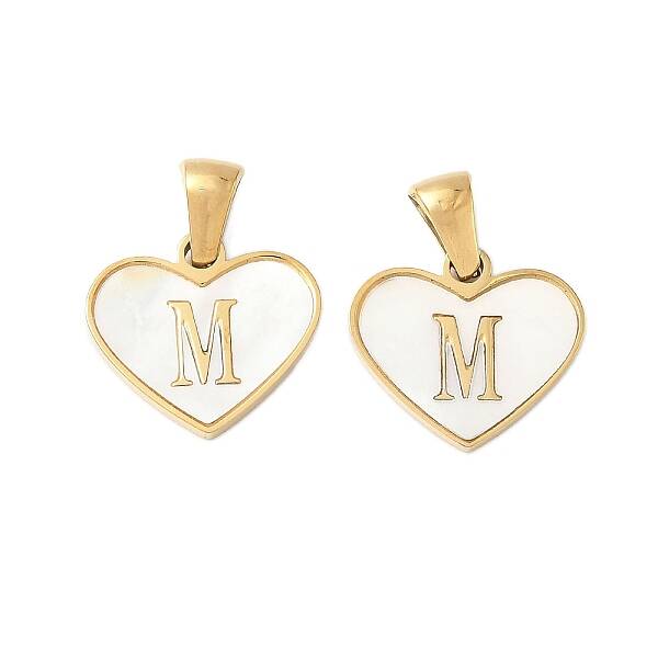 304 Stainless Steel Pave Natural White Shell Heart with Initial Slice Pendants