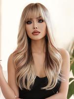 26 Inch Golden Long Wavy Wigs for Women, Gorgeous Fluffy Wigs with Bangs, Synthetic Full Machine Wigs for Spring Party, Daily...