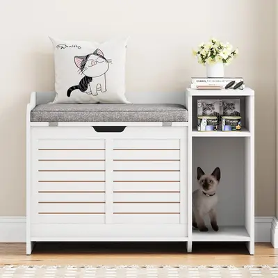 Garvee Cat Litter Box Enclosure with Cushion, Hidden Cat Litter Box Furniture, Cat Litter Box Furniture with Top Opening, Fli...