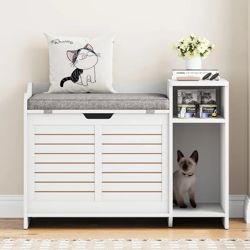 Garvee Cat Litter Box Enclosure with Cushion, Hidden Cat Litter Box Furniture, Cat Litter Box Furniture with Top Opening, Fli...