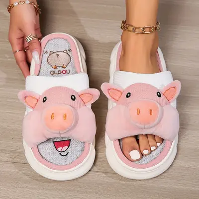 Women slippers Animal slippers Cartoon pig slippers Linen slippers at home Cute and comfortable plush slippers