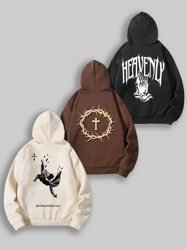 Unisex Men's Letter & Cross Print Drawstring Pocket Hoodie, Casual Loose Long Sleeve Hooded Sweatshirt for Fall & Winter, Men...