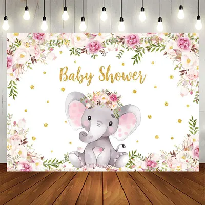 Aperturee Purple Floral Elephant Baby Shower Backdrop Girl
