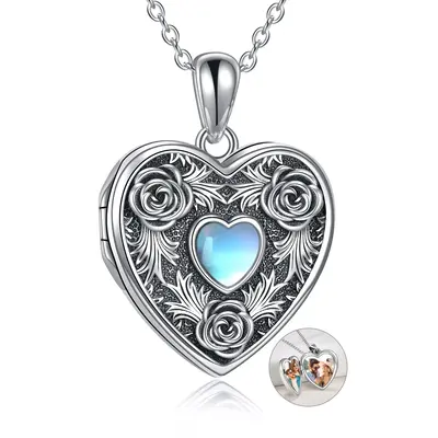 Sterling Silver Moonstone Heart Shaped Rose Personalized Photo Locket Necklace