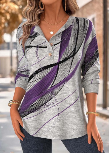 Modlily Purple Tummy Coverage Geometric Print Long Sleeve Sweatshirt - XXL