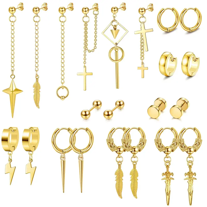 Jstyle 22count Stainless Steel Dangle Earrings Set for Men Hinged Hoop Earrings Long Chain Stud Cross Dangle Earrings Set Kpo...