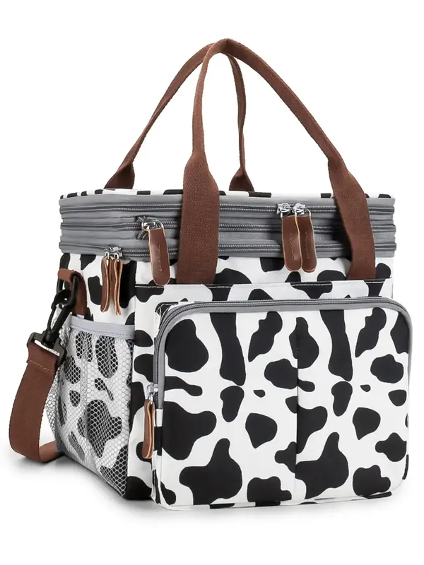Cow Print Zipper Lunch Bag, Large Lunch Bags, Leakproof Lunch Box Cooler Bag, Multi-functional Lunch Bag for Women & Men