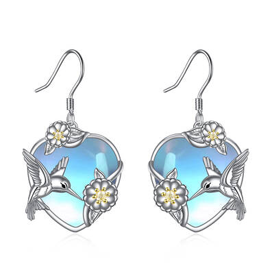Sterling Silver Two-Tone Heart Moonstone Hummingbird Drop Earrings For Women