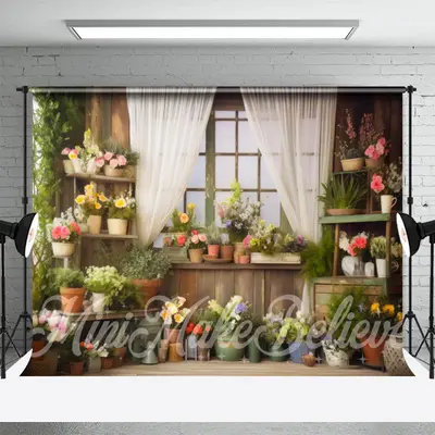 Colorful Potted Flower White Curtain Spring Backdrop - Aperturee