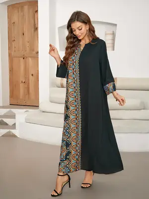 Muslim Floral Patchwork Long Dress, Elegant Maxi Dress for Women, Modest Fashion, Perfect for Special Occasions