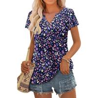 Angerella Womens V Neck Short Sleeve Summer Tops Button Down Pleated Tunic Tops Shirts S-3XL