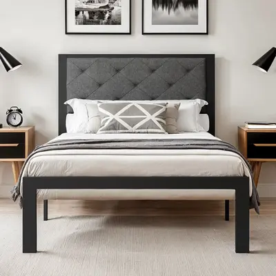 HOOMIC Twin/Full/Queen/King Upholstered Metal Bed Frame - ăFrame Only No MattressăFinely Stitched Headboard in Faux Leath...